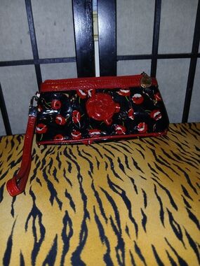 Vera Bradley Black Wristlet with Red Floral Accents